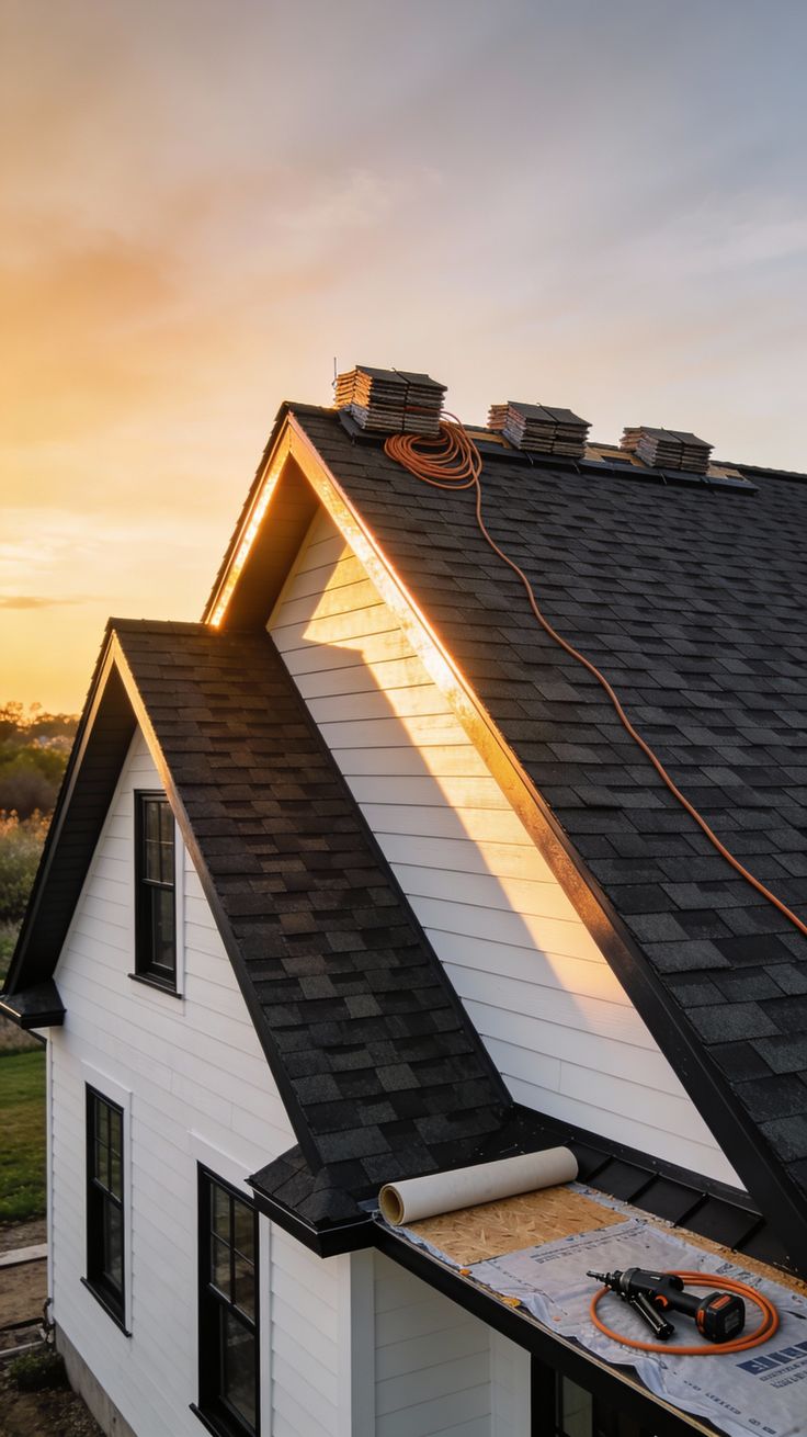 New asphalt shingle roof being installed on a home at sunset